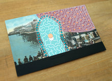 Load image into Gallery viewer, Burgundy And Mint Green Abstract Collage On Vintage Postcard