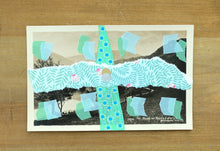 Load image into Gallery viewer, Mint Green And Light Blue Art Collage Composition On Vintage Landscape Postcard