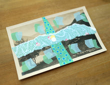 Load image into Gallery viewer, Mint Green And Light Blue Art Collage Composition On Vintage Landscape Postcard