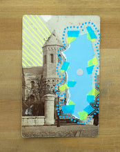Load image into Gallery viewer, Neon Yellow, Light Blue And Turquoise Abstract Art Collage Composition On Vintage Postcard