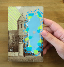 Load image into Gallery viewer, Neon Yellow, Light Blue And Turquoise Abstract Art Collage Composition On Vintage Postcard