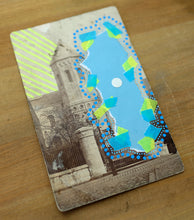 Load image into Gallery viewer, Neon Yellow, Light Blue And Turquoise Abstract Art Collage Composition On Vintage Postcard