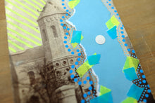 Load image into Gallery viewer, Neon Yellow, Light Blue And Turquoise Abstract Art Collage Composition On Vintage Postcard