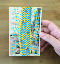 Load image into Gallery viewer, Light Blue Yellow Mixed Media Collage Art On Vintage Retro Postcard