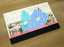 Load image into Gallery viewer, Black, Neon Red And Turquoise Mixed Media Art On Vintage City View Postcard