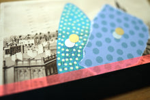 Load image into Gallery viewer, Black, Neon Red And Turquoise Mixed Media Art On Vintage City View Postcard