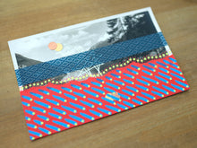 Load image into Gallery viewer, Red Blue Mixed Media Collage On Vintage Mountain View Postcard