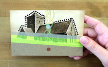 Load image into Gallery viewer, Neon Yellow And Beige Mixed Media Abstract Art Collage On Vintage Postcard