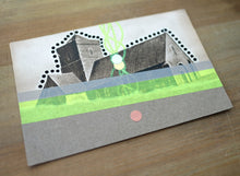Load image into Gallery viewer, Neon Yellow And Beige Mixed Media Abstract Art Collage On Vintage Postcard