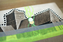 Load image into Gallery viewer, Neon Yellow And Beige Mixed Media Abstract Art Collage On Vintage Postcard