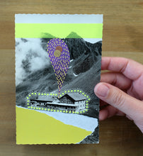 Load image into Gallery viewer, Neon Yellow And Purple Abstract Mixed Media Art Collage On Vintage Postcard