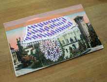 Load image into Gallery viewer, White, Pink And Purple Mixed Media Abstract Collage Art On Retro Postcard