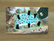 Load image into Gallery viewer, Black And Mint Green Mixed Media Collage On Vintage Natural Landscape Postcard