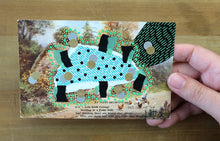 Load image into Gallery viewer, Black And Mint Green Mixed Media Collage On Vintage Natural Landscape Postcard