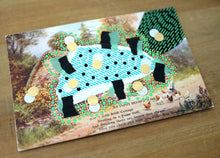 Load image into Gallery viewer, Black And Mint Green Mixed Media Collage On Vintage Natural Landscape Postcard