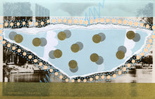 Load image into Gallery viewer, Pastel Blue, Light Orange And Gold Art Collage On Retro Postcard