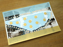 Load image into Gallery viewer, Pastel Blue, Light Orange And Gold Art Collage On Retro Postcard