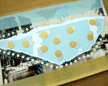 Load image into Gallery viewer, Pastel Blue, Light Orange And Gold Art Collage On Retro Postcard