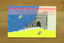 Load image into Gallery viewer, Neon Pink, Yellow And Blue Colour Block Style Art Collage On Vintage Postcard