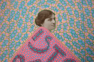Original collage on wood panel, portrait of vintage woman in pink, orange and blue - Naomi Vona Art