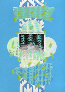 Light Blue Vintage Mixed Media Collage On Paper - Naomi Vona Art