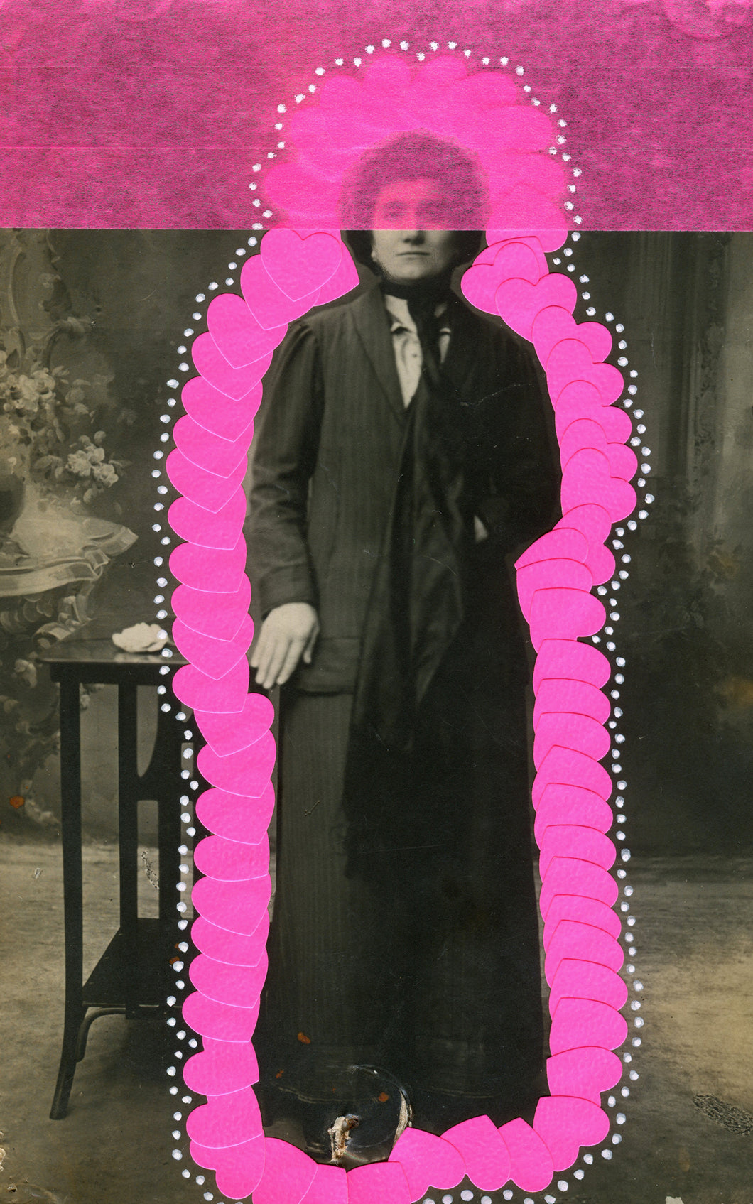 Contemporary Neon Pink Mixed Media Art Collage On Vintage Woman Portrait - Naomi Vona Art