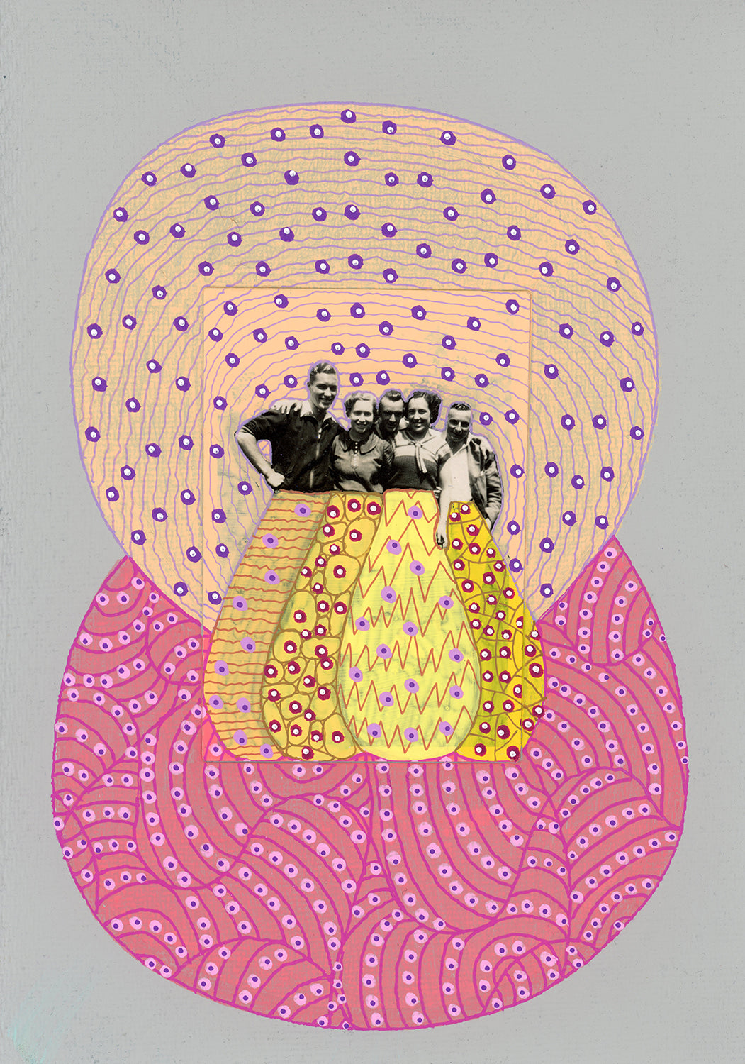 Grey, Pink And Yellow Mixed Media Collage Art