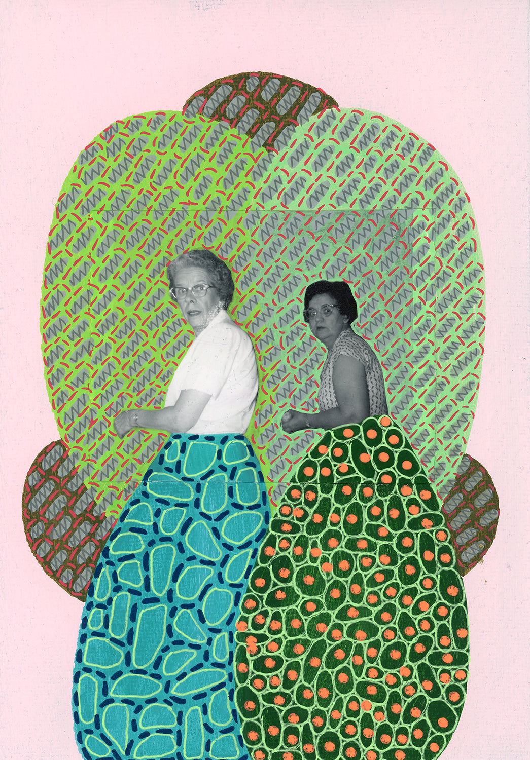 Pink, Green and Orange Mixed Media Paper Collage Art