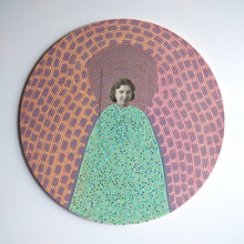 Cargar imagen en el visor de la galería, Retro Vintage Art Collage On Circular Wood Board - Naomi Vona Art
