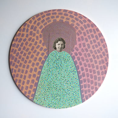 Retro Vintage Art Collage On Circular Wood Board - Naomi Vona Art