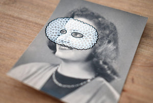White Crochet Mask Decoration On Vintage Woman Portrait - Naomi Vona Art