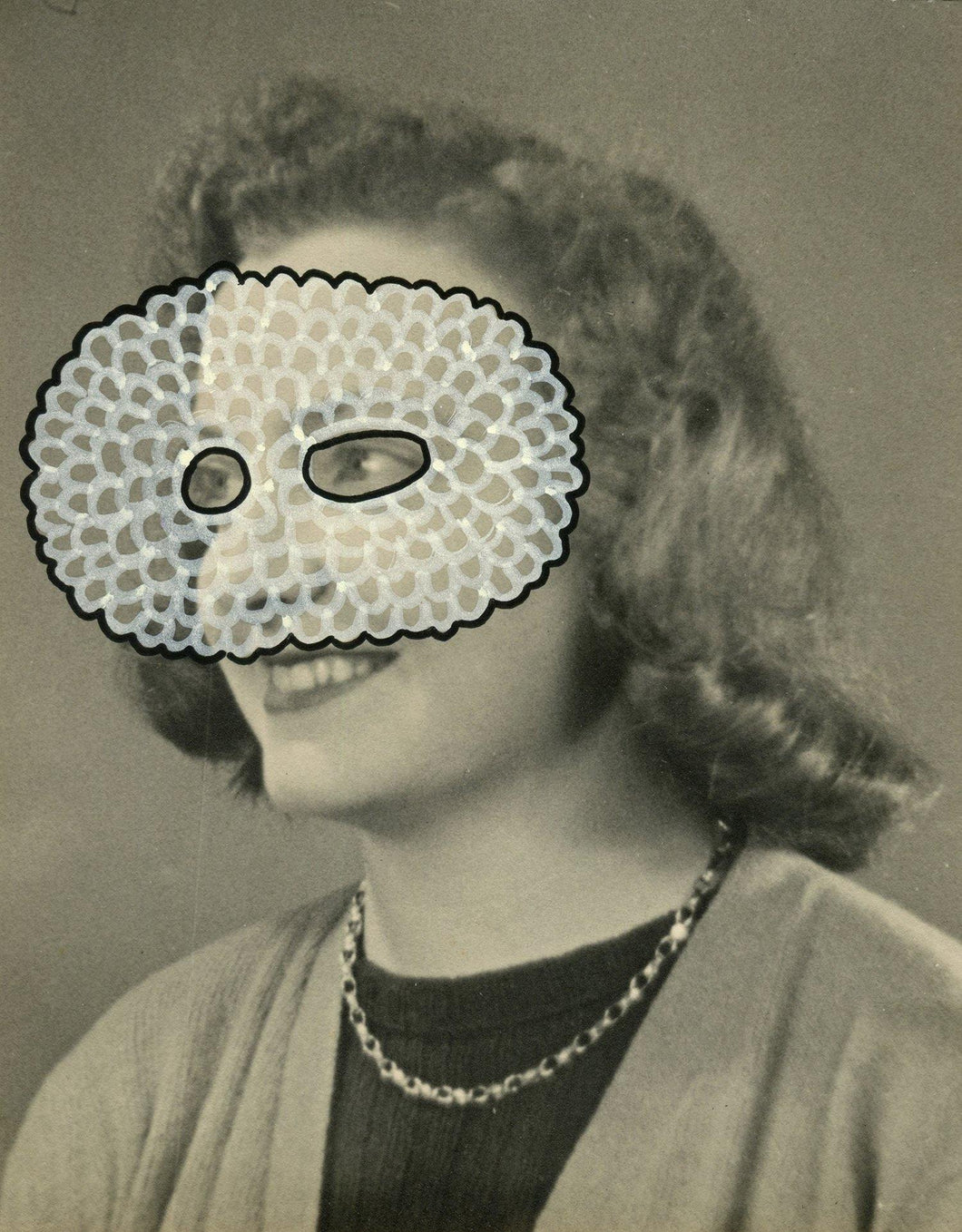 White Crochet Mask Decoration On Vintage Woman Portrait - Naomi Vona Art