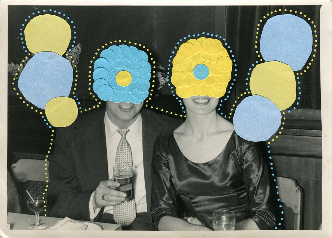 Baby Blue And Pastel Yellow Collage On Vintage Photo - Naomi Vona Art
