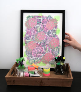Neon Pink, Green And White Abstract Collage Art - Naomi Vona Art