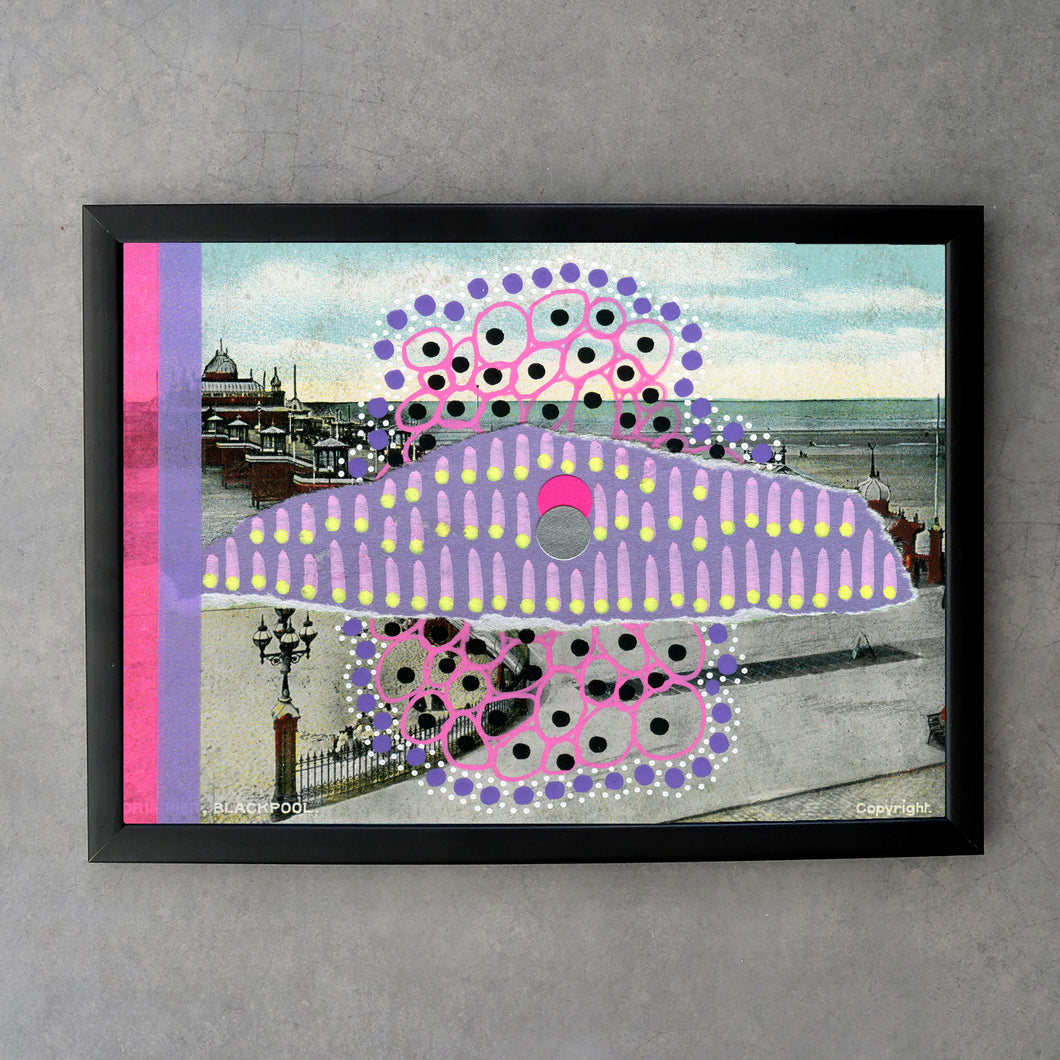 Pink Purple Fine Art Print Of Abstract Collage On Vintage Postcard - Naomi Vona Art