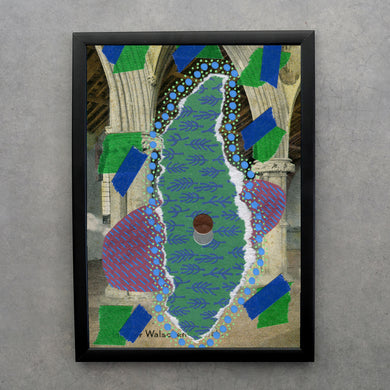 Fine Art Print Of Green Blue Abstract Collage On Vintage Postcard - Naomi Vona Art