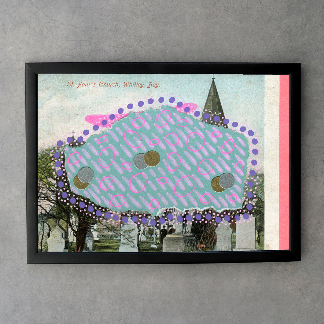 Purple Pink Abstract Collage On Retro Postcard - Naomi Vona Art