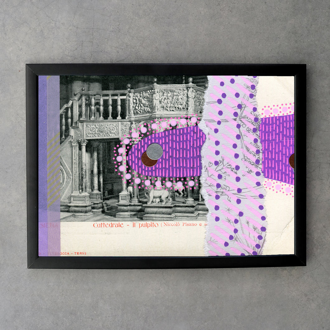 Pink, Lilac And Purple Collage On Vintage Cathedral Interiors Postcard - Naomi Vona Art