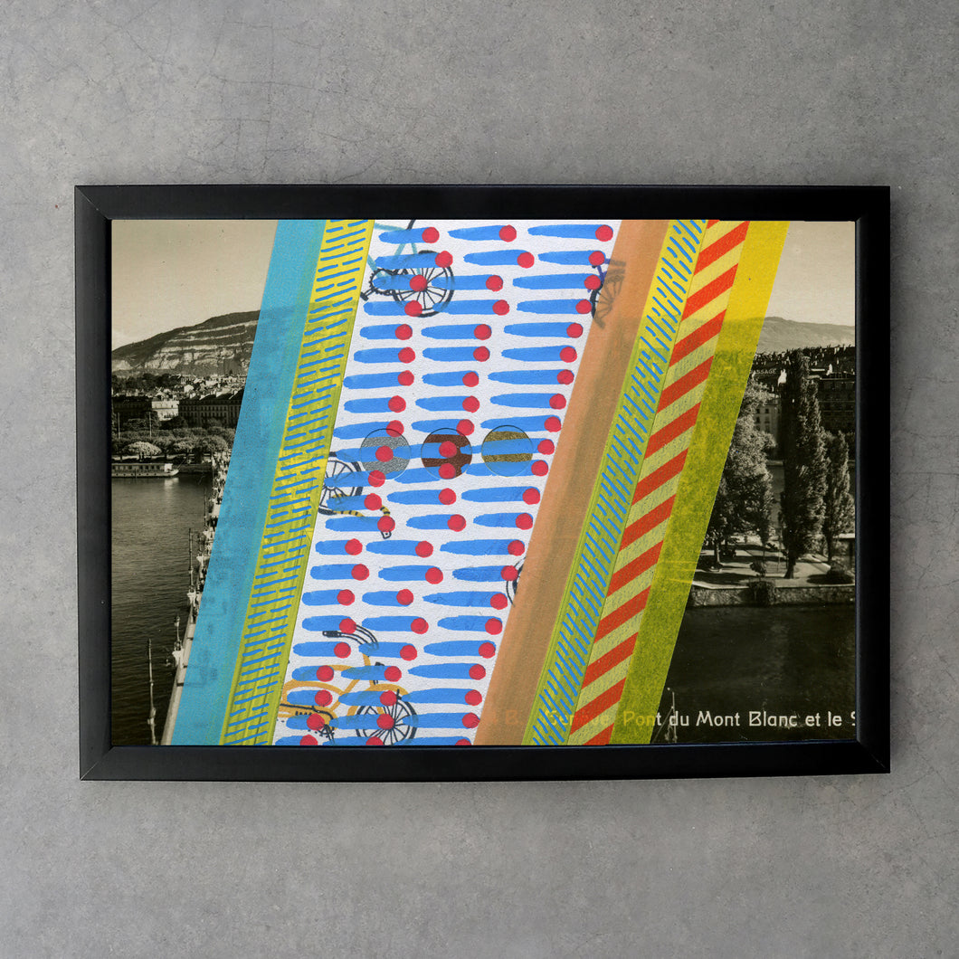 Striped Abstract Decoration On Vintage Landscape Postcard - Naomi Vona Art