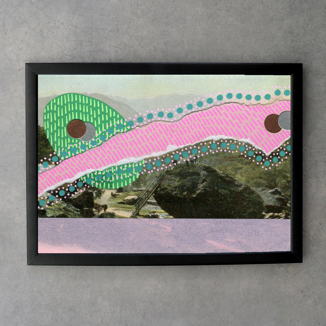 Baby Pink And Min Green Abstraction On Vintage Landscape Postcard - Naomi Vona Art
