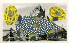 Cargar imagen en el visor de la galería, Grey Yellow Abstract Mixed Media Collage Over A Vintage Postcard - Naomi Vona Art
