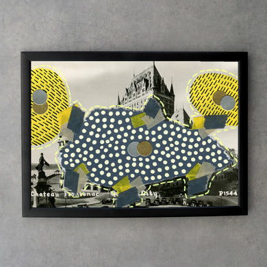 Dark Grey And Yellow Collage On Retro Landscape Postcard Print - Naomi Vona Art