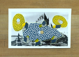 Grey Yellow Abstract Mixed Media Collage Over A Vintage Postcard - Naomi Vona Art