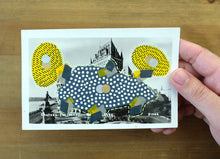 Load image into Gallery viewer, Grey Yellow Abstract Mixed Media Collage Over A Vintage Postcard - Naomi Vona Art
