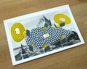 Grey Yellow Abstract Mixed Media Collage Over A Vintage Postcard - Naomi Vona Art