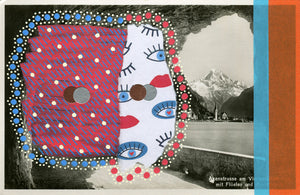 Red And Blue Collage Composition Over A Vintage Mountain View Postcard - Naomi Vona Art