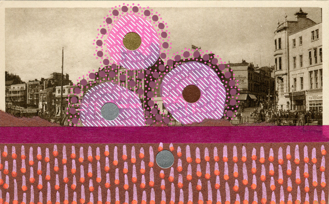 Pink, Brown And Burgundy Abstract Collage On Retro Vintage Postcard - Naomi Vona Art