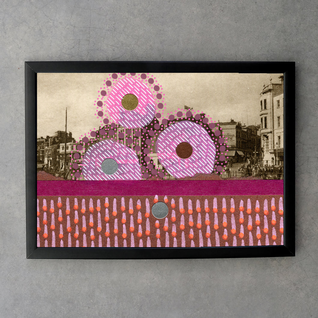 Brown Bordeaux Pink Abstract Art Collage Print On Vintage Postcard - Naomi Vona Art