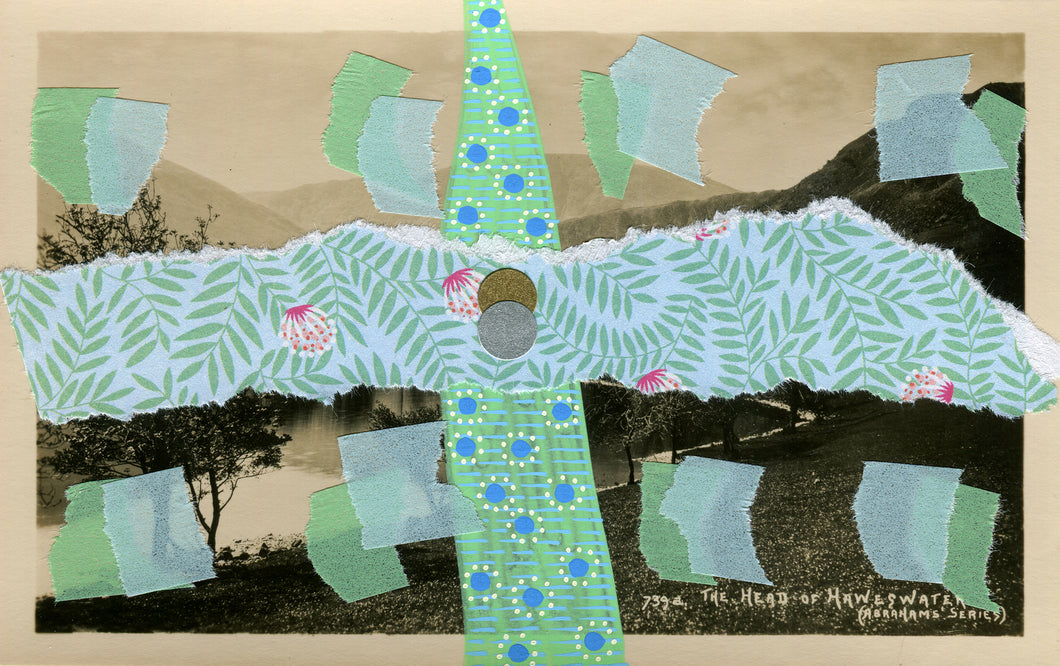 Mint Green And Light Blue Art Collage Composition On Vintage Landscape Postcard - Naomi Vona Art