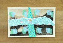 Load image into Gallery viewer, Mint Green And Light Blue Art Collage Composition On Vintage Landscape Postcard - Naomi Vona Art
